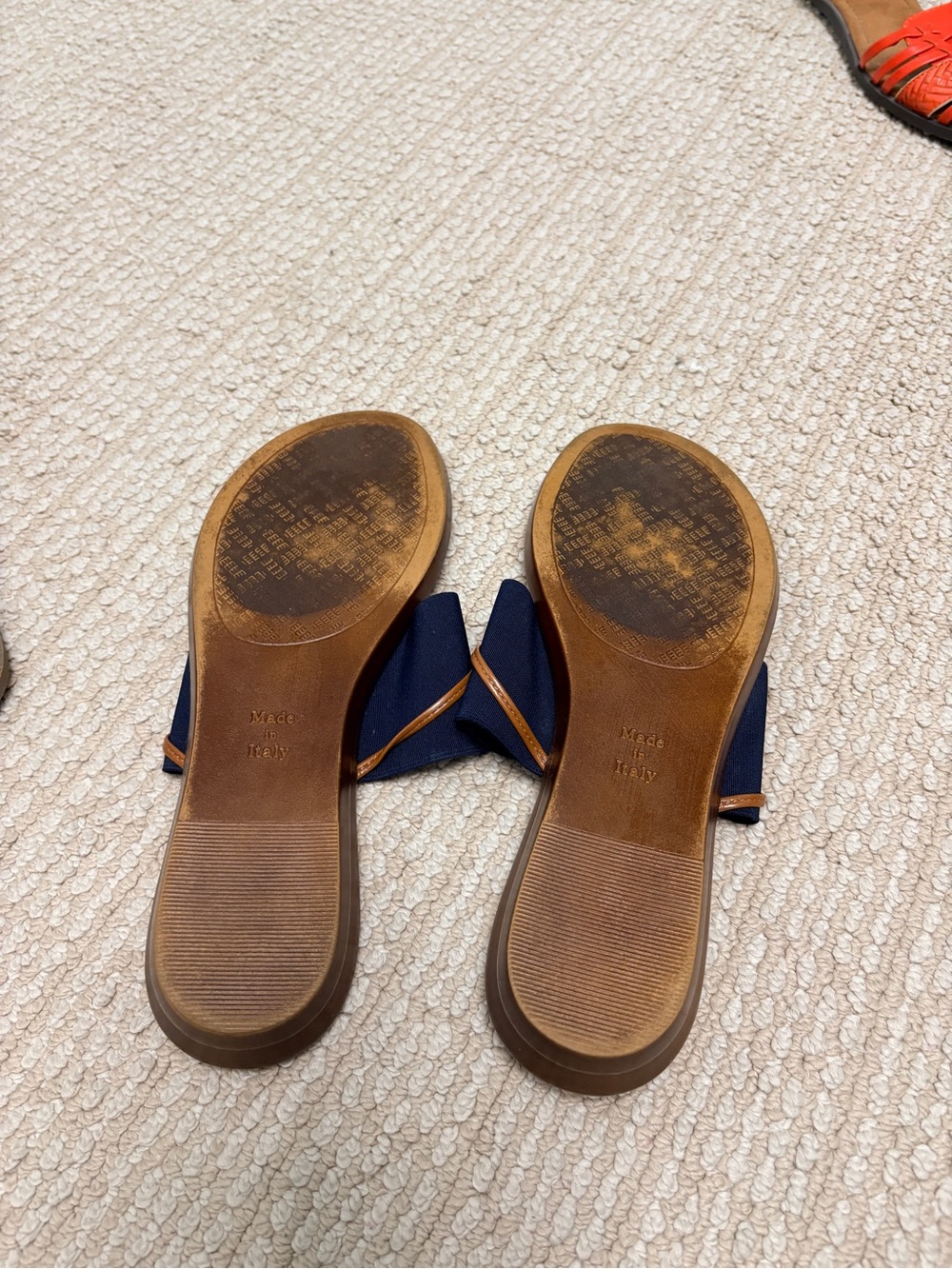 Italian Shoemakers Navy and Tan Slide Sandals with Gold Accent - Picture 4 of 4